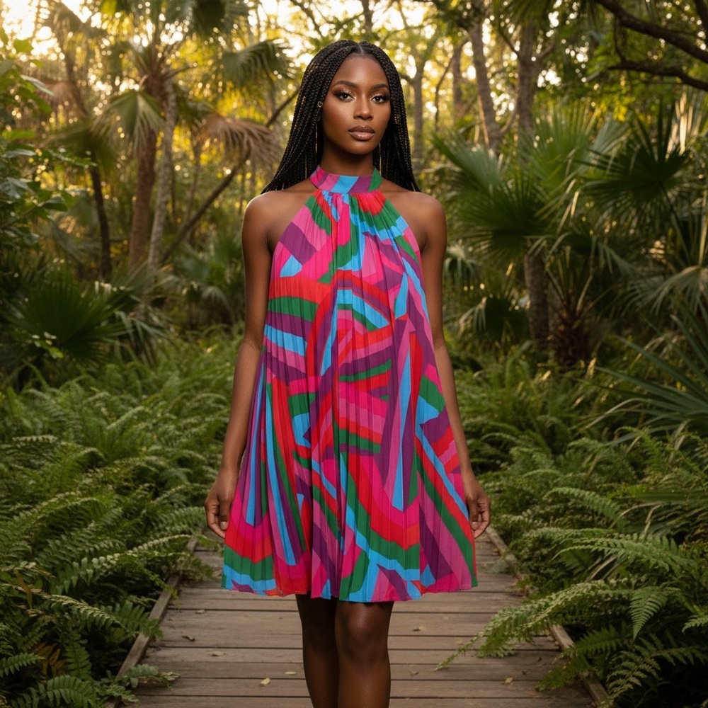 Flying Tomato Halter Neck Pleated Geo Print Mini Dress resort vacation